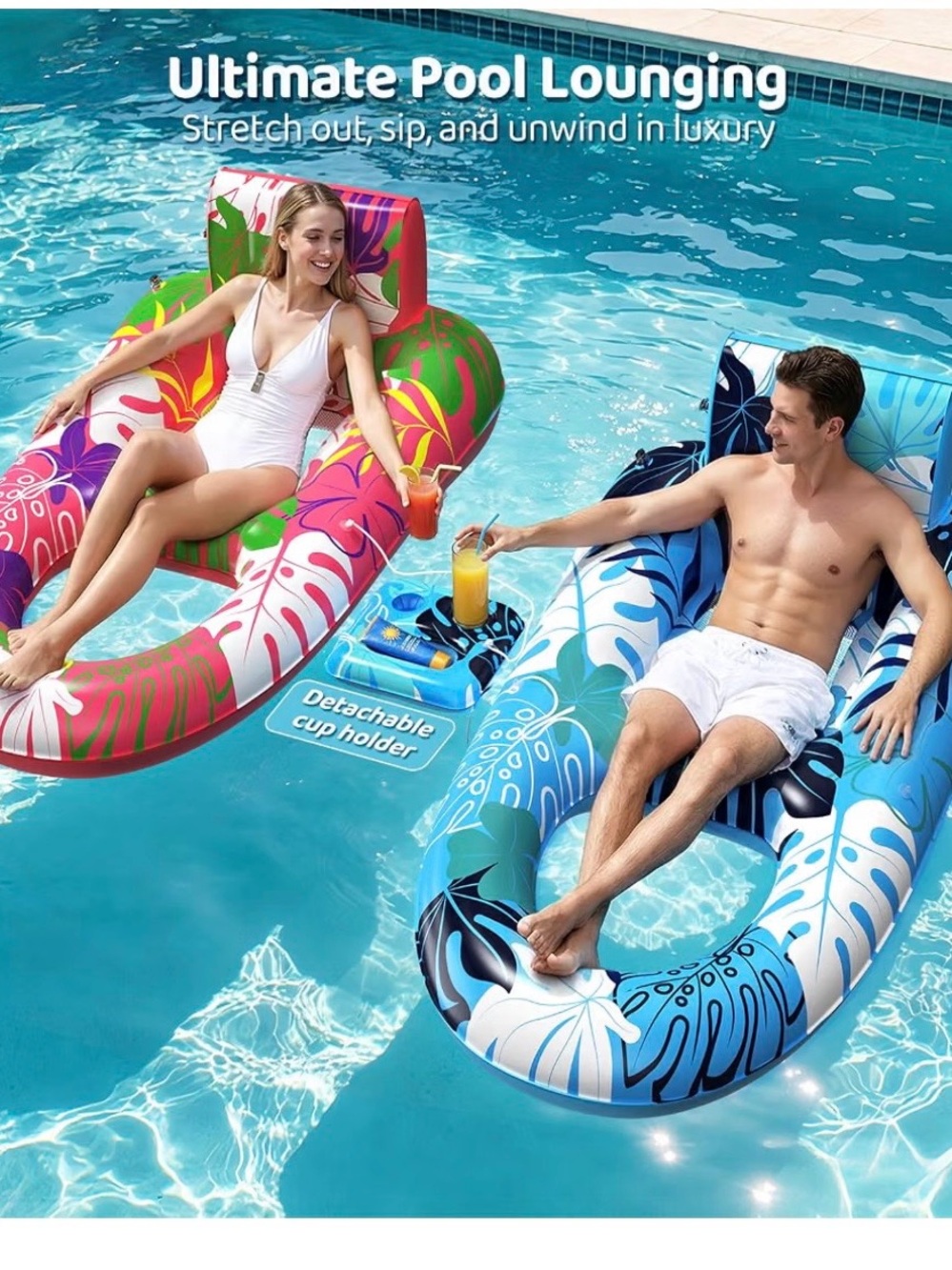 3 Pack pool floats, inflatable pool lounger float with Detachable cup holders